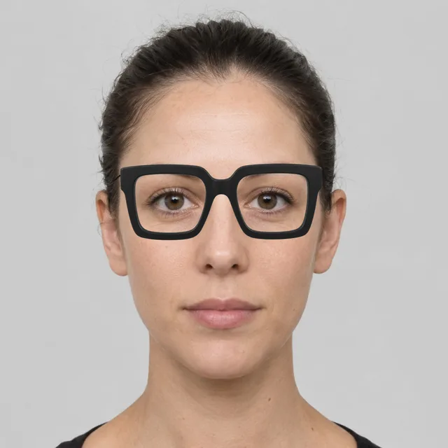 Oval face wearing oversized square glasses