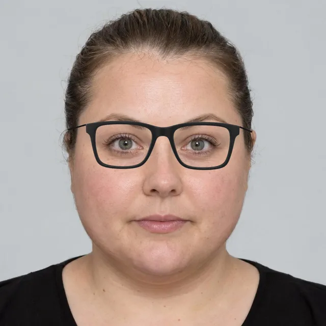 Round face wearing rectangle glasses